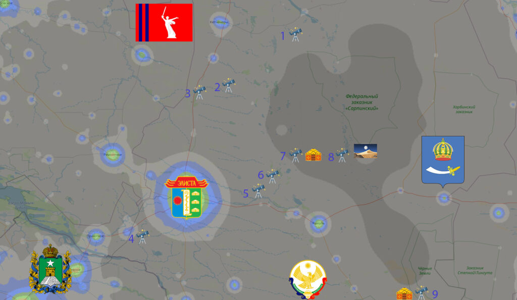 астрономические наблюдения в Калмыкии - карта точек для выездов